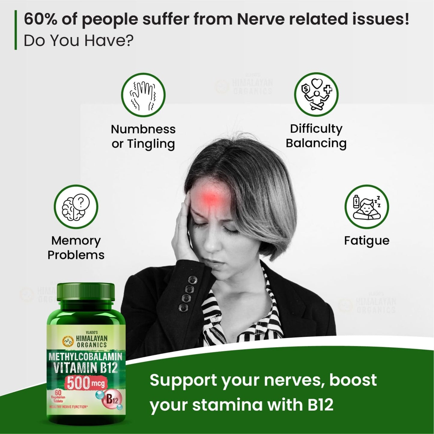 Vlado's Himalayan Organics Vitamin B12 Supplements 500 mcg - Methylcobalamin B12 Vitamin Tablets for Men & Women - 60 Veg Tablets