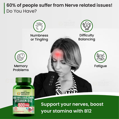 Vlado's Himalayan Organics Vitamin B12 Supplements 500 mcg - Methylcobalamin B12 Vitamin Tablets for Men & Women - 60 Veg Tablets