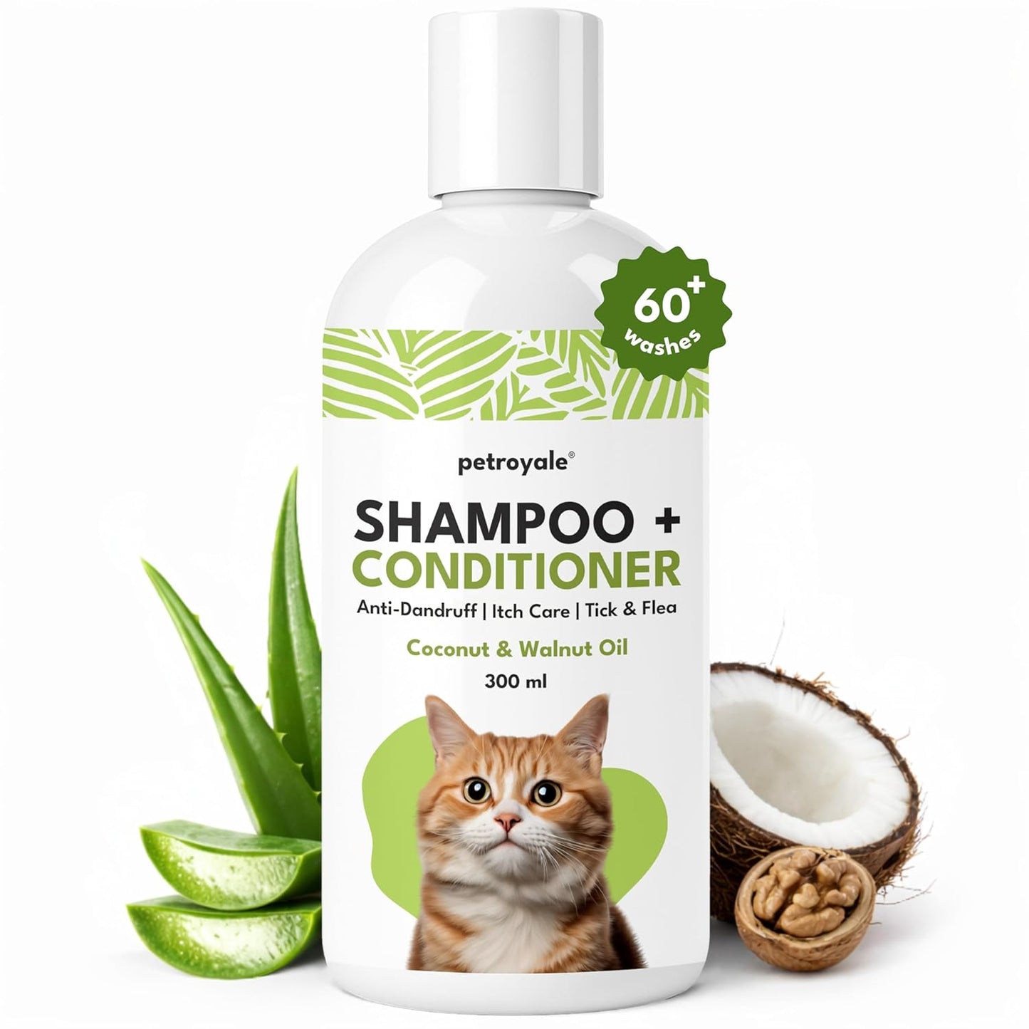 Petroyale 2-in-1 Shampoo + Conditioner for Cats - Anti-Tick & Flea - Dandruff Control - Itch Relief - Cat Shampoo with Coconut, Walnut & Aloe Vera for Healthy Skin & Coat - 300ml