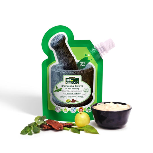 Bio Organic face mask packaging with ingredients on a white background