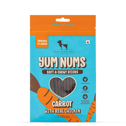 Yum Nums by HUFT Soft & Chewy Sticks - 70gm | Carrot with Chicken | Dog & Puppy Treats | Training Treats for Small & Adult Dogs | High-Protein, Soft & Tasty Snacks