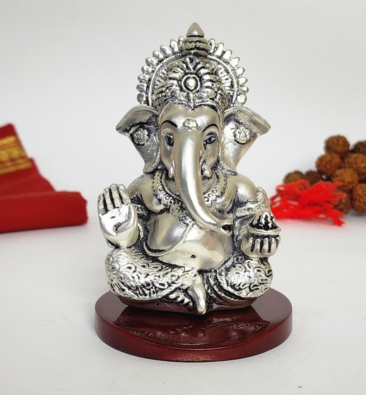 Gold Art India Ganpati Idol with Silver Antique Finish | Ganesha murti for Home Decor | Ganesh Statue for Car Dashboard | Ganpati ji murti for Puja | (MUKUTSILANTIQMATTEMDF) (3.5 x 2.5), Religious