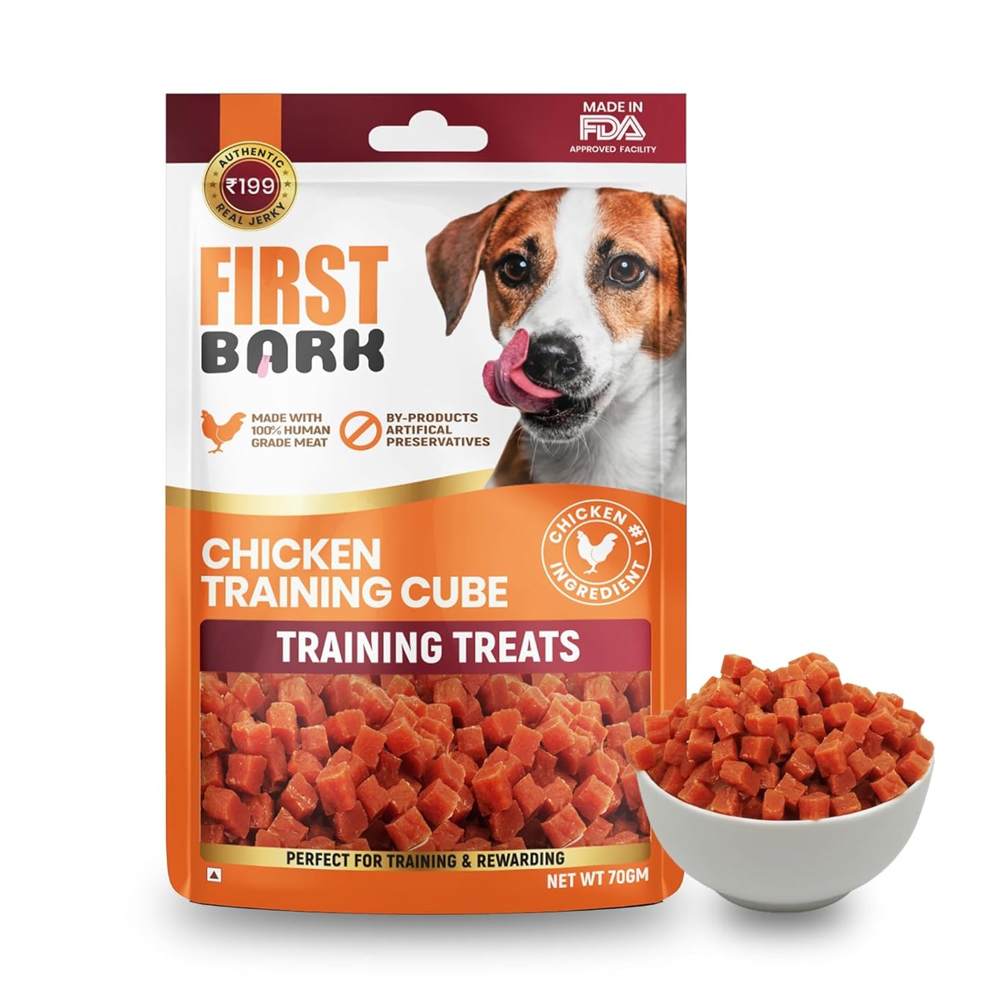 First Bark Dog Treats for Adult Dog & Puppy – Training Treats Bite-Sized Chicken Jerky for Dogs, Small Dogs & Shih Tzu | Puppy Treats & Dog Snacks –Chicken Training Cubes (70g) x1