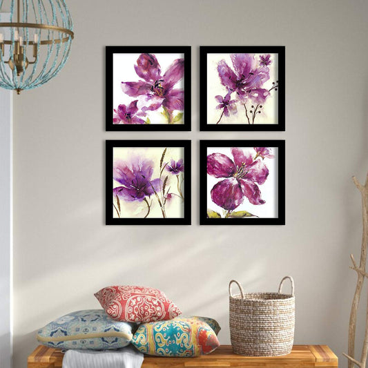 Purple Flower wall art Painting for living room, Botanical floral Framed painting, set of 4, 9x9 Inch