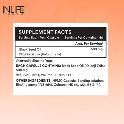 INLIFE Black Seed Oil, Extra Virgin Cold Pressed, 500 mg - 60 Vegetarian Capsule (Pack of 1)