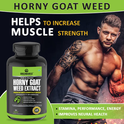 GREENDORSE Horny Goatweed (Epimedium) Extract Capsule | High Potency 10% Icariin by HPLC | For better Circulation, Strength, Stamina, Performance & Energy - 30 Veg Capsules