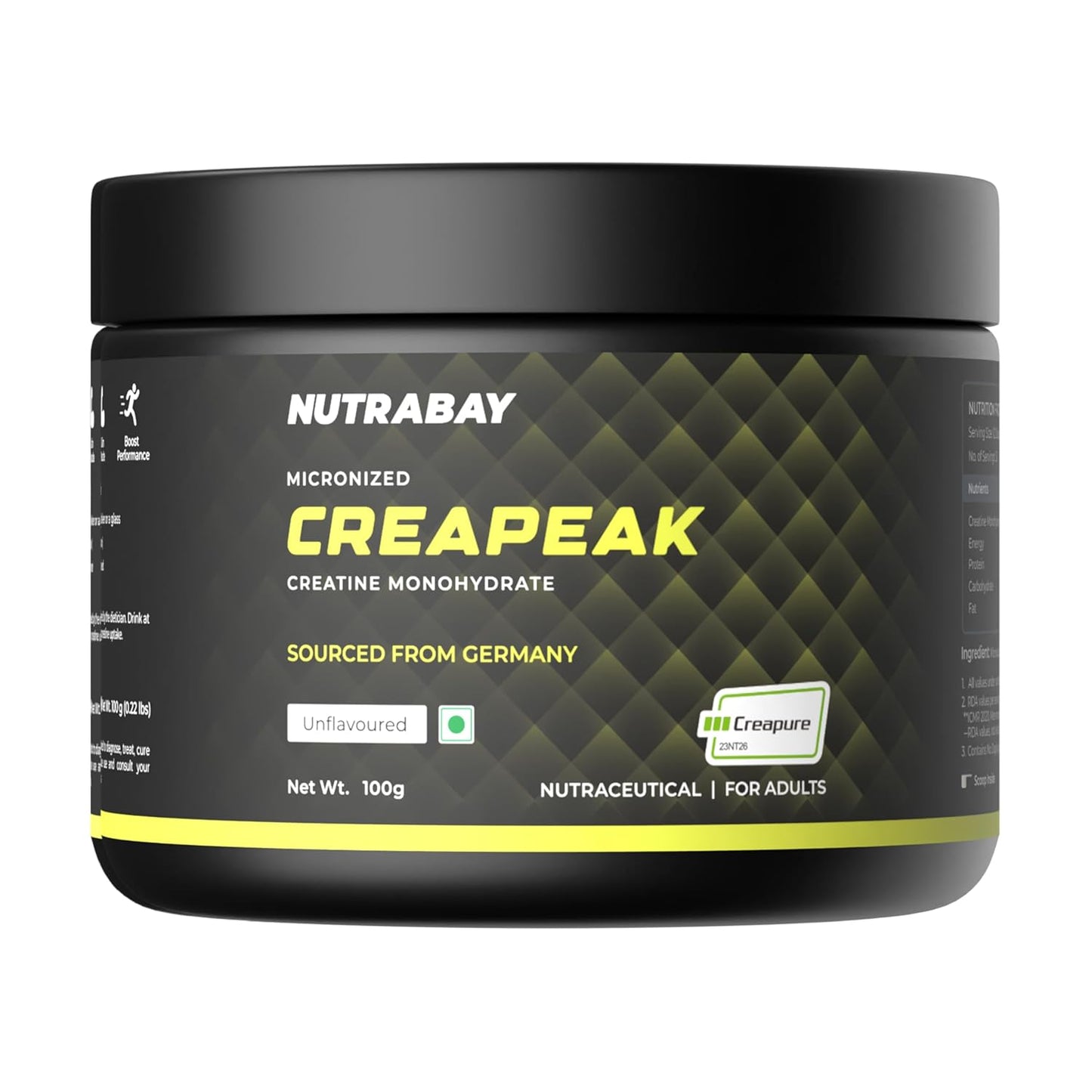 Nutrabay Creapeak supplement container on a white background