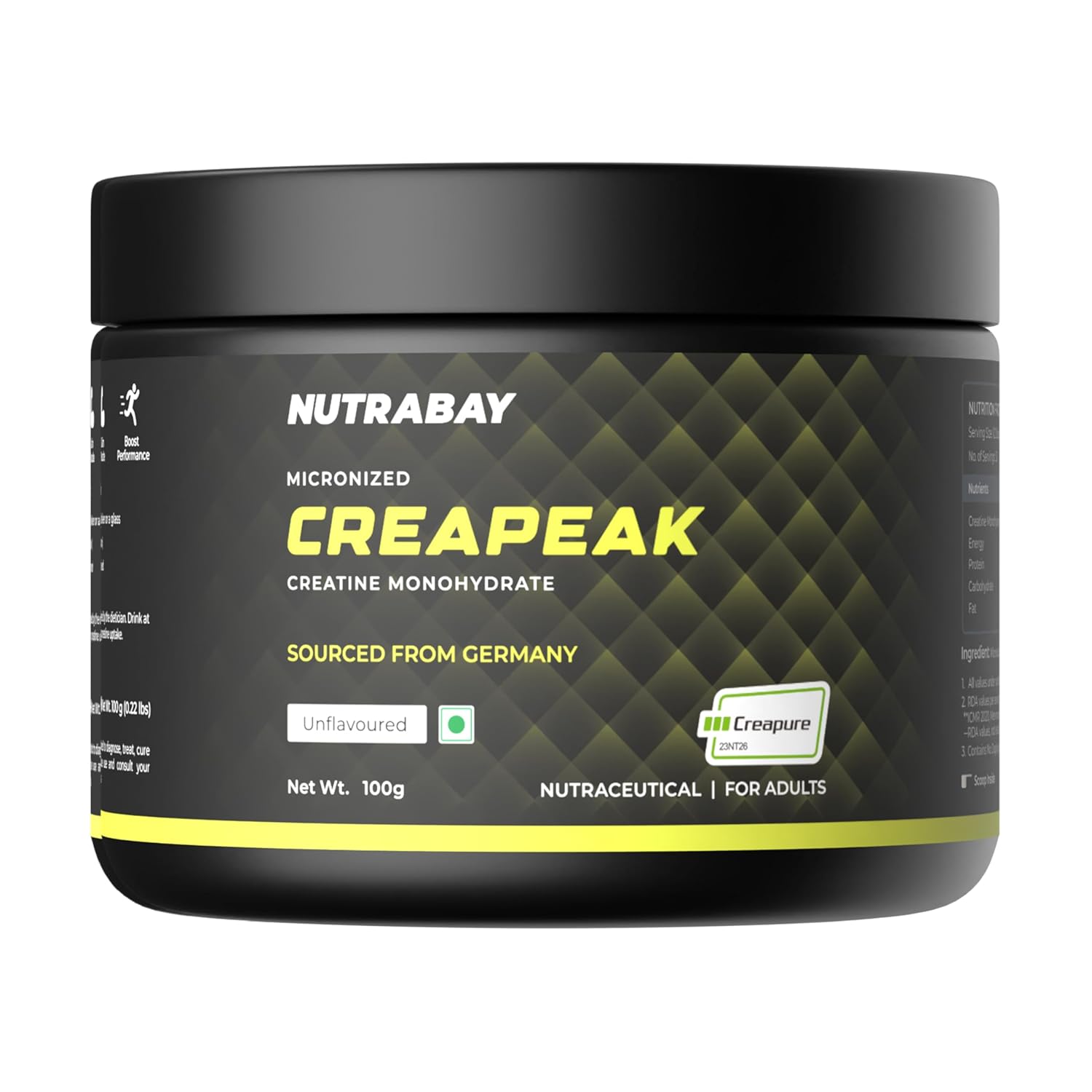 Nutrabay Creapeak supplement container on a white background