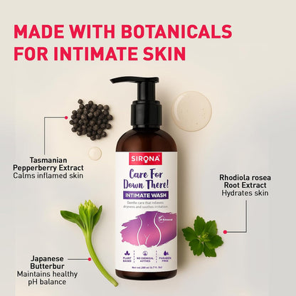 Sirona intimate wash bottle with botanical ingredients on a light background