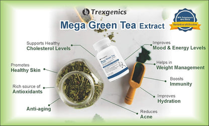 Trexgenics® MEGA Green Tea (Bioactive 95% Polyphenols) One-a-day Antioxidant, Free Radical Scavenger, Cellular Protection, Heart, Skin, Immunity & Metabolism (60 Vcaps) (1)