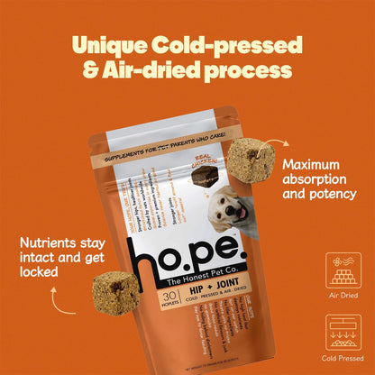 Hope Hip & Joint Health Supplement Dogs 30 Chicken hoplets| Pet Chews with Glucosamine, Chondroitin, MSM, Turmeric| Cold-Pressed | Air-Dried | Hypoallergenic| Dog Supplement |Honest Pet Co