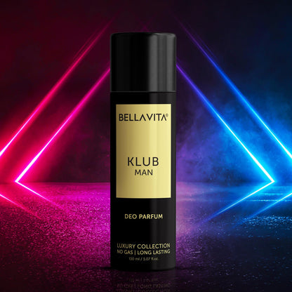 Bellavita Klub Man deodorant spray with neon lights in the background