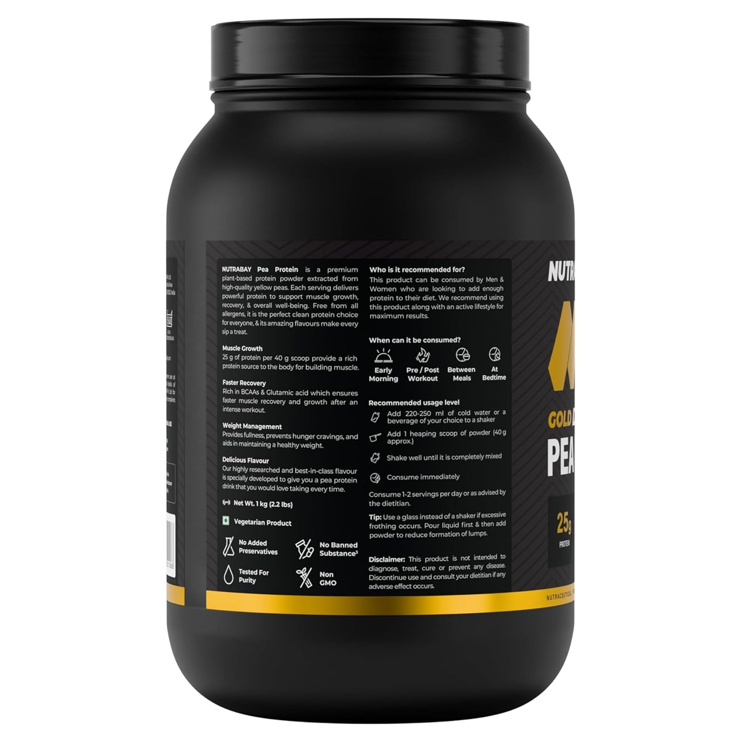 Black protein powder container with yellow text on a white background