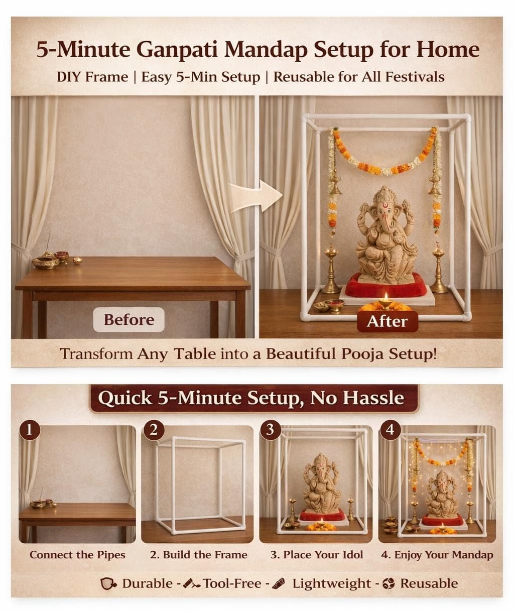 SAUDEEP INDIA 54cm Ganpati Mandap for Ganesh Chaturthi Idol Home Decor | Ganesh Murti Sthapana Stand | DIY Pooja Pandal Backdrop Frame Setup | Home Temple Ganpati Bappa Idol Platform