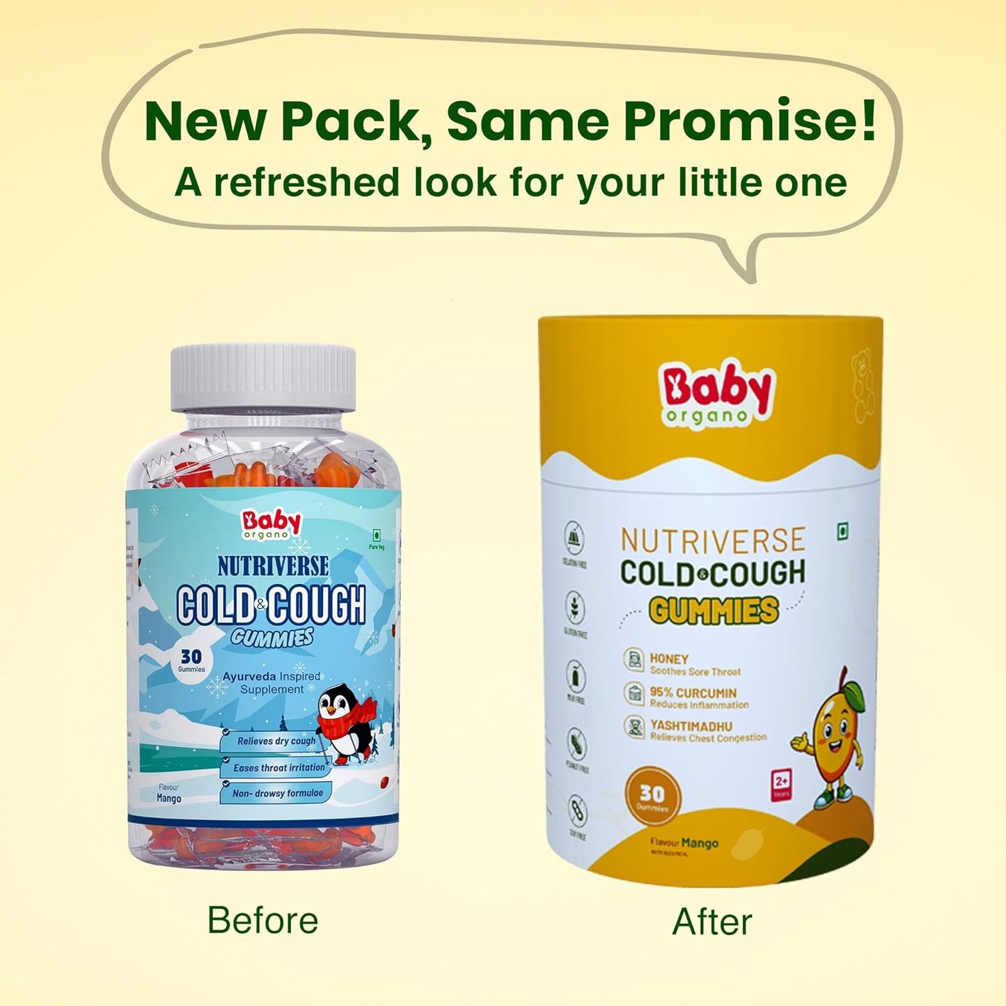 BabyOrgano Cough & Cold Relief Gummies for Kids 2+ Years | Yashtimadhu, 95% Curcumin, Ginger & Honey | Non-Drowsy Ayurvedic | Gelatin Free Gluten Free | Mango Flavour | 30 Gummies