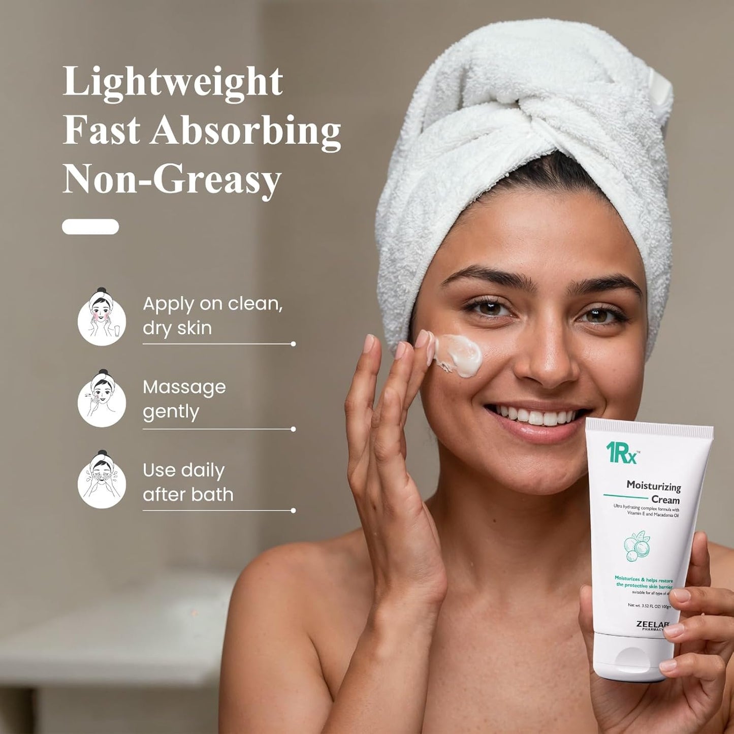 Woman applying moisturizing cream with text on lightweight, fast-absorbing, non-greasy properties.