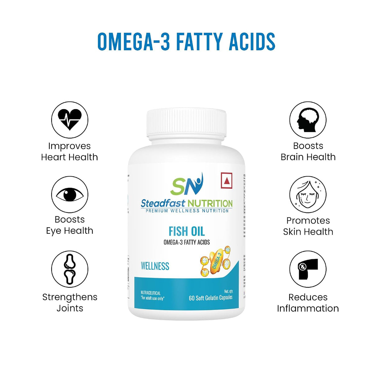 Steadfast Nutrition Fish Oil Omega- 3, 1000mg Triple Strength for Healthy Heart, Brain, Joints & Body (60 Softgel Capsules)