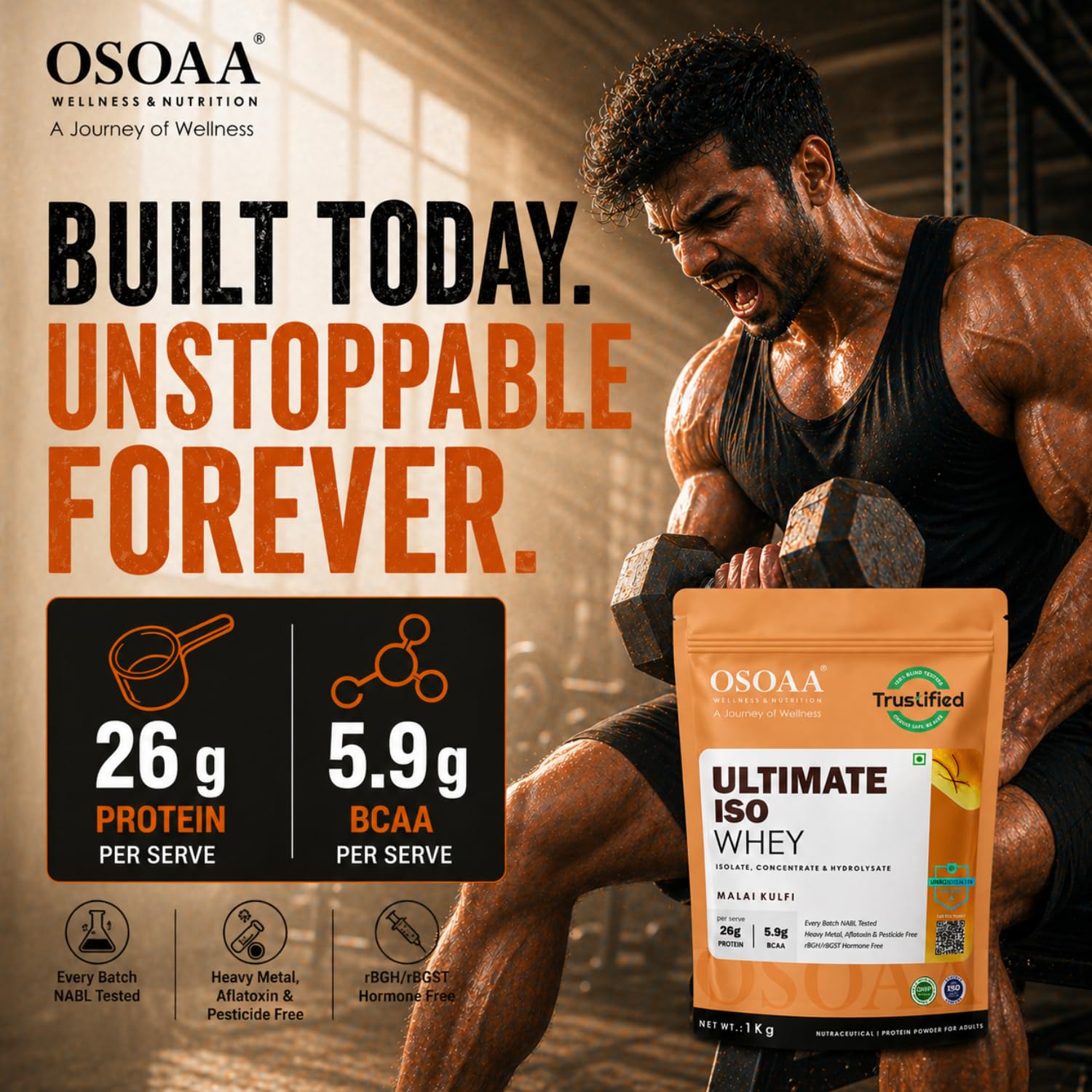 OSOAA protein supplement advertisement with a muscular man lifting weights.