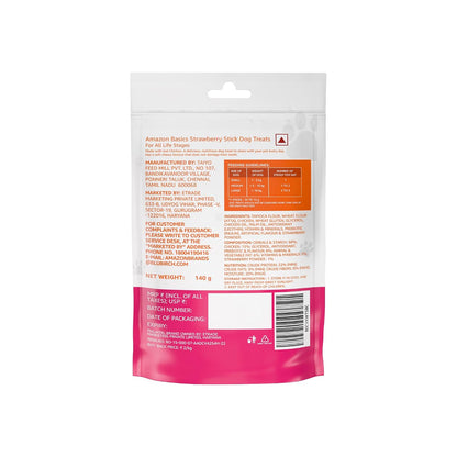 Amazon Basics Dog Treat Sticks 140 gm, Chewy Meat Sticks for Adult Dogs and Puppies, High Protein Dog Treats for Training and Snacks, Made of Real Chicken Meat, Ziplock Pack, Strawberry Flavor