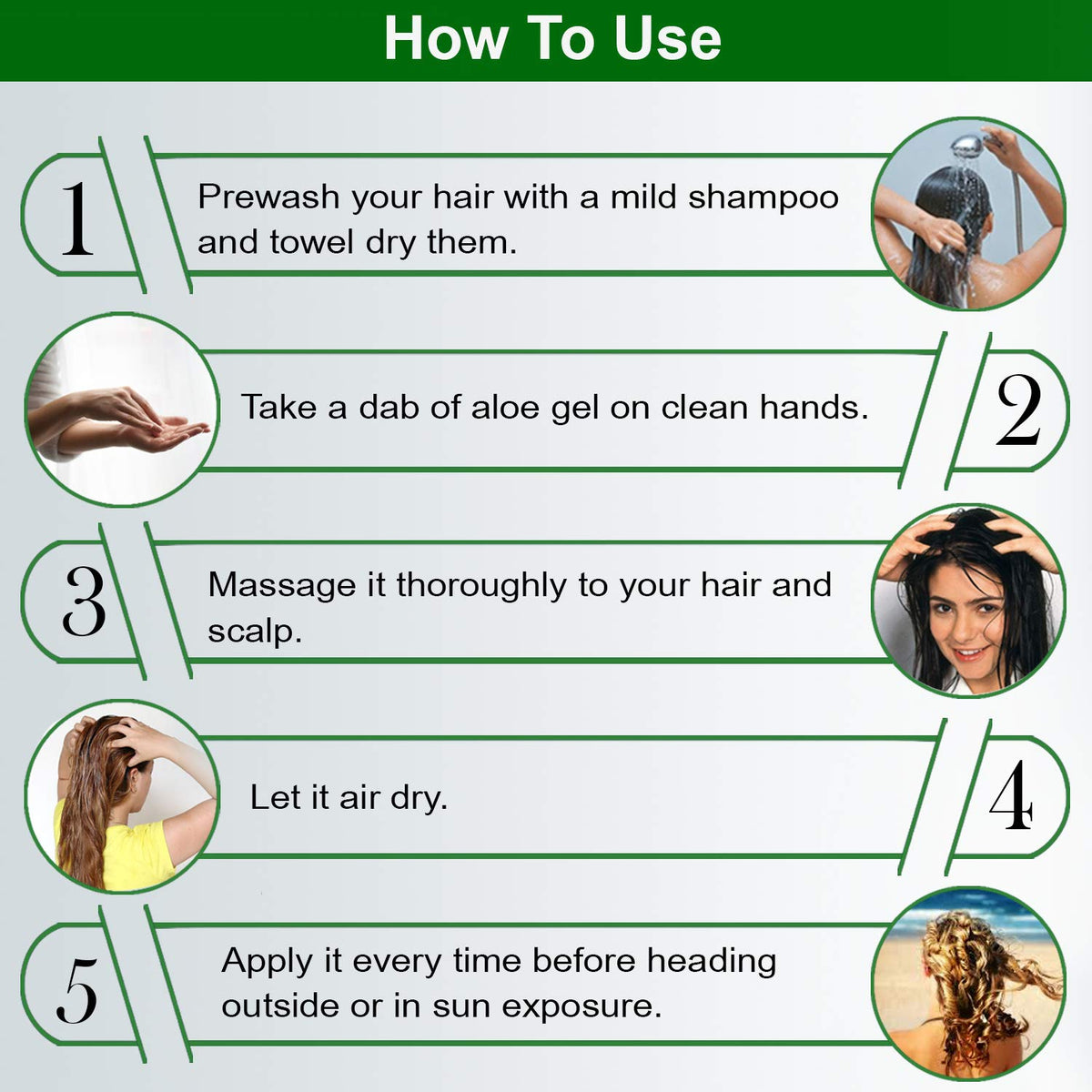 Step-by-step guide on how to use aloe vera gel for hair care with icons and text.