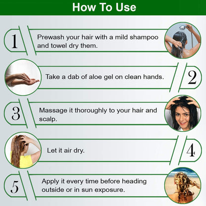 Step-by-step guide on how to use aloe vera gel for hair care with icons and text.