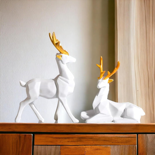 THE SACRED GIFTS Deer Set Handcraft Resin Animal Showpiece for Home & Office Decor | Gifting Elegant Sculptures | Sitting & Standing Deer Figurine Decor Accent | Home Decor Item (Set of 2) (White)