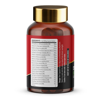 Vitamin supplement bottle with gold cap and red label on a white background