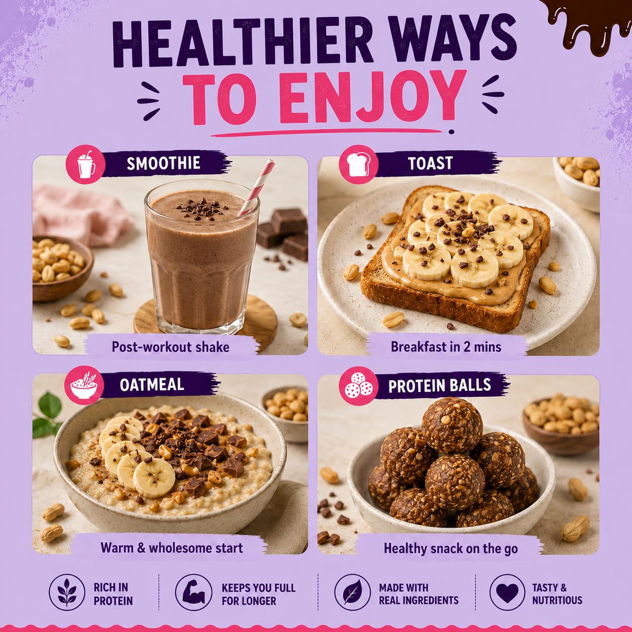 Nutty Village Dark Chocolate Peanut Butter Creamy | 24g Protein | Sweetened with Jaggery, Cacao Beans, No Refined Sugar, No Palm Oil | Vegan, & Gluten-Free Healthy Breakfast Spread