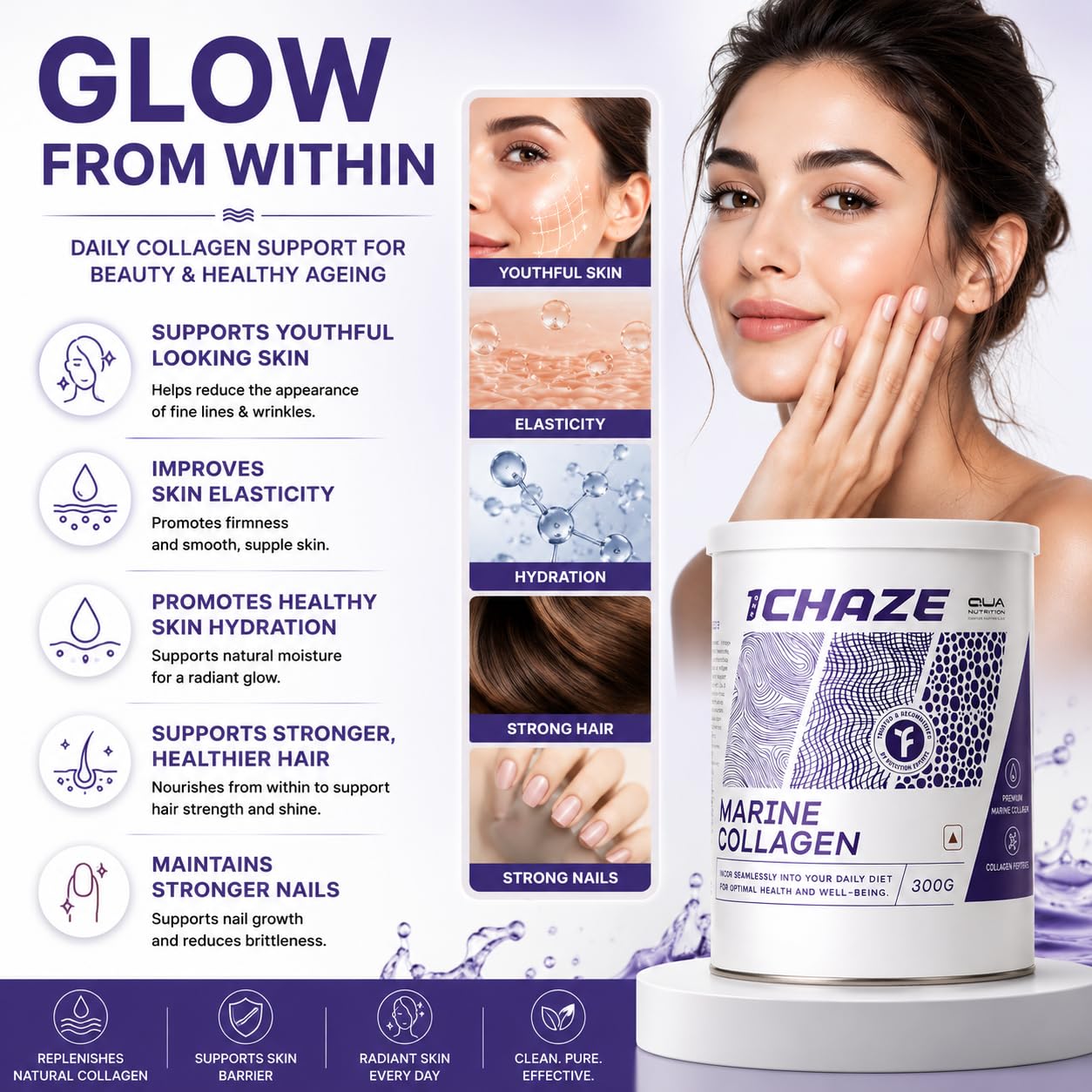 QUA Nutrition 1Chaze Marine Collagen Powder | Natural Collagen Supplements for Women & Men | Type 1 Peptides for Skin, Hair, Nails, Joints | Gluten-Free, Zero Sugar, Keto Friendly | 10g x 25 Servings