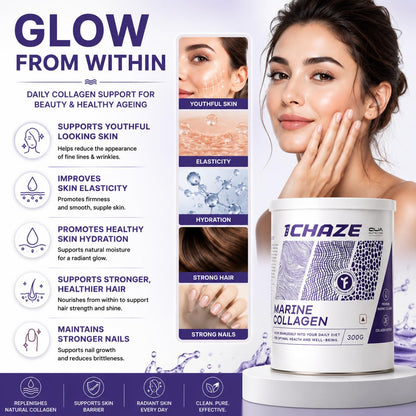 QUA Nutrition 1Chaze Marine Collagen Powder | Natural Collagen Supplements for Women & Men | Type 1 Peptides for Skin, Hair, Nails, Joints | Gluten-Free, Zero Sugar, Keto Friendly | 10g x 25 Servings