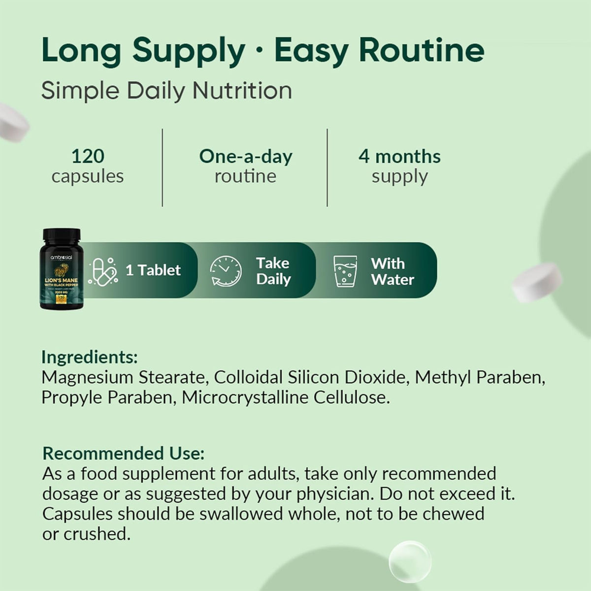 Supplement packaging with information on capsules, daily routine, and ingredients on a green background.
