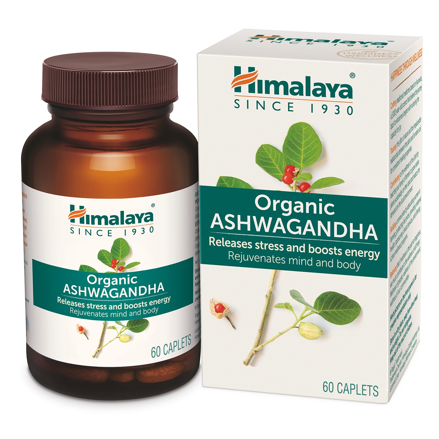 Himalaya Organic Ashwagandha supplement bottle and packaging on a white background