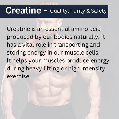 Man with a muscular build with text about creatine's role in muscle cells.