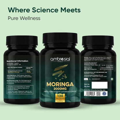 Three bottles of ambrosial Moringa 2000MG supplement on a light green background with text 'Where Science Meets Pure Wellness'.