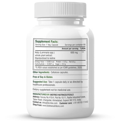 Biotrex Nutraceuticals Kelp Extract 600mg | Richest Vegan Source of Iodine | Supports Thyroid Health & Healthy Metabolism with Soluble Fiber - 60 Veg Capsules