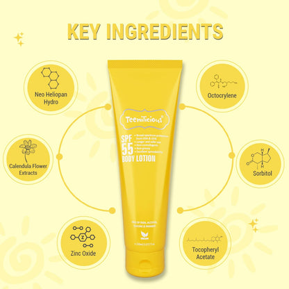 Teenilicious SPF 55 Sunscreen Body Lotion, SPF 50 PA+++, Sunscreen for Oily Skin and Sensitive Skin - 150ml