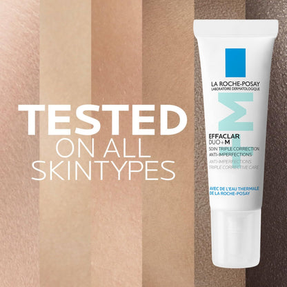 La Roche-Posay skincare product with text 'Tested on all skintypes' on a striped background