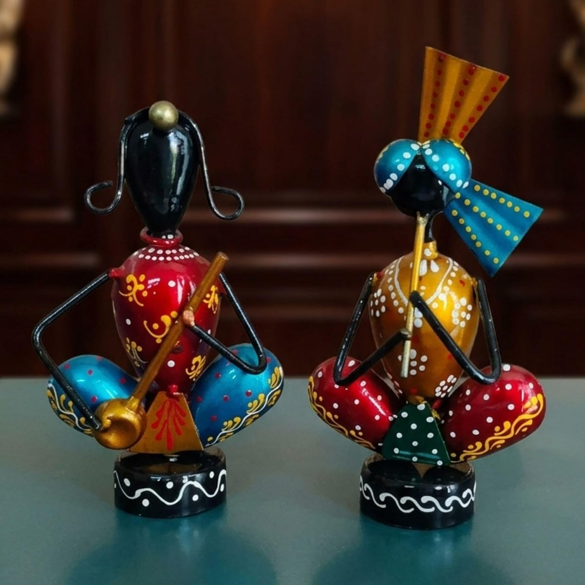 Hand-Painted, Handcrafted Metal Musician Figurines Set of 2, Multicolour, 14.5 cm and 16 cm Height, | Traditional Indian Folk Art Showpiece | Decorative Tabletop & Home Décor Idol