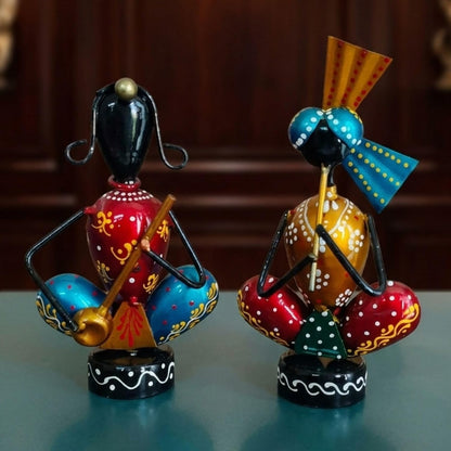 Hand-Painted, Handcrafted Metal Musician Figurines Set of 2, Multicolour, 14.5 cm and 16 cm Height, | Traditional Indian Folk Art Showpiece | Decorative Tabletop & Home Décor Idol