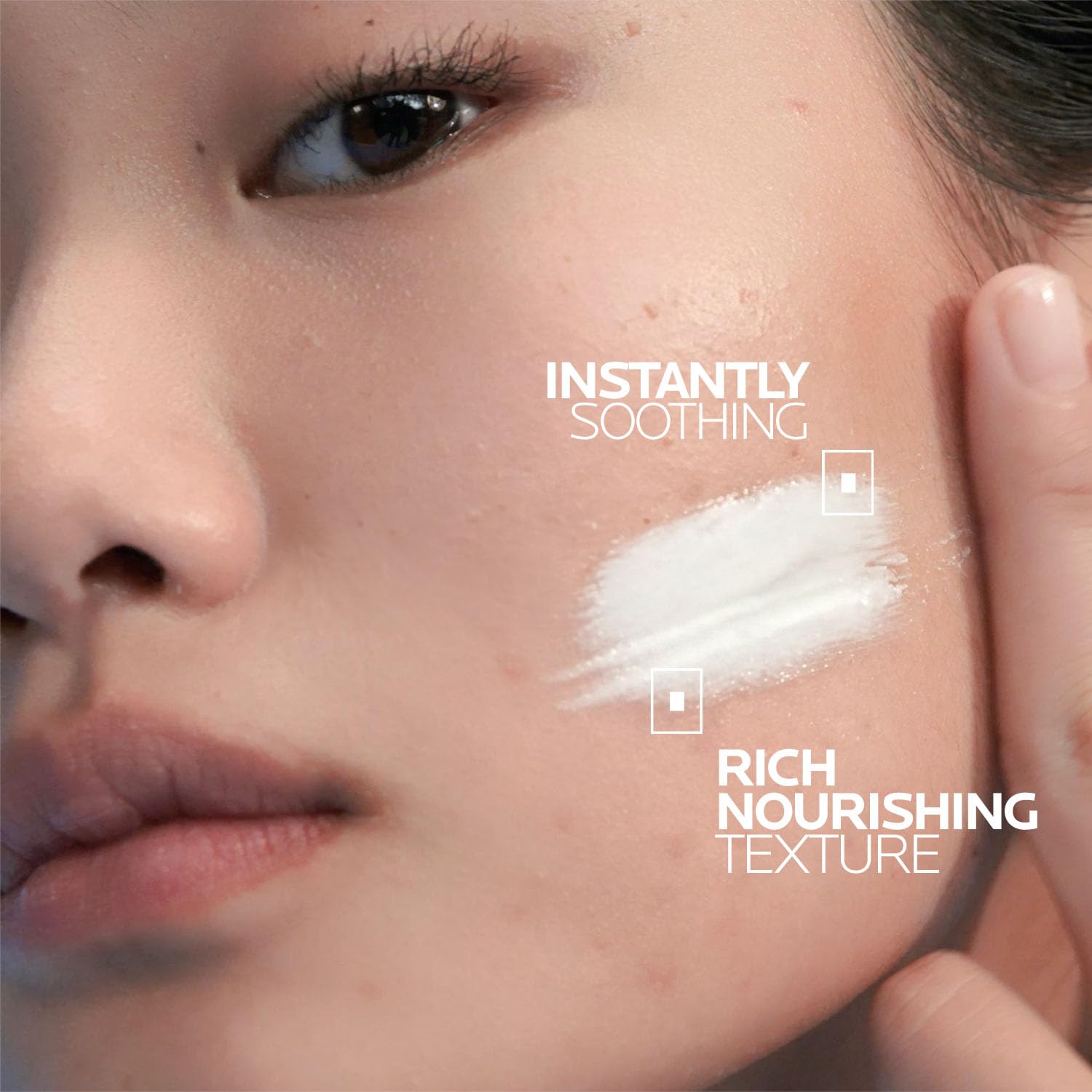 Close-up of a person applying a product to their face with text 'Instantly Soothing' and 'Rich Nourishing Texture'.