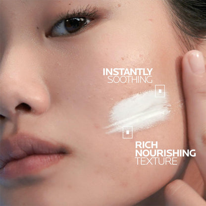 Close-up of a person applying a product to their face with text 'Instantly Soothing' and 'Rich Nourishing Texture'.