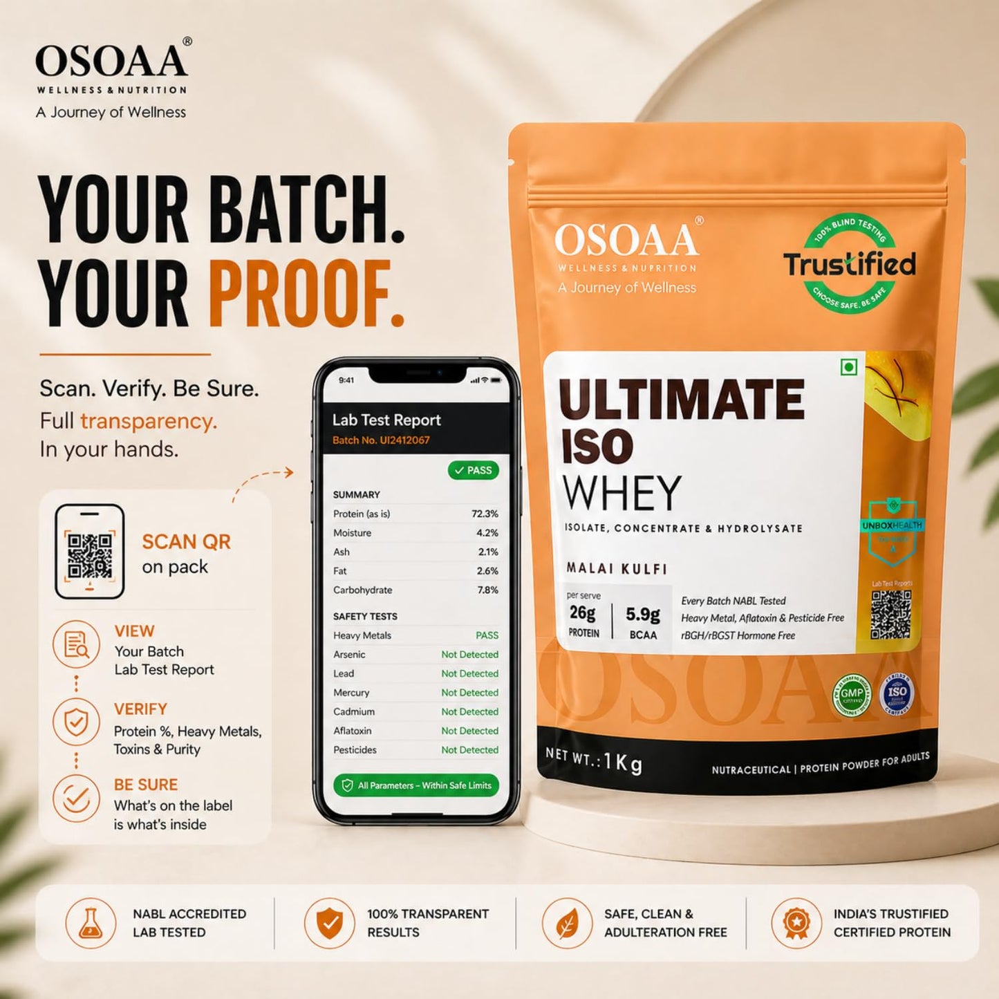 OSOAA Ultimate ISO Whey protein package with smartphone displaying lab test report on a beige background