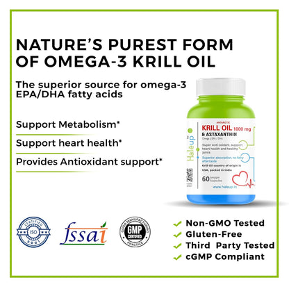 Haleup Antarctic Krill Oil Omega 3 Fatty Acid capsules 1000 mg, Highest Concentration of EPA DHA/Krill Oil for Men & Women, Supports Heart, Brain, Joint and Eye