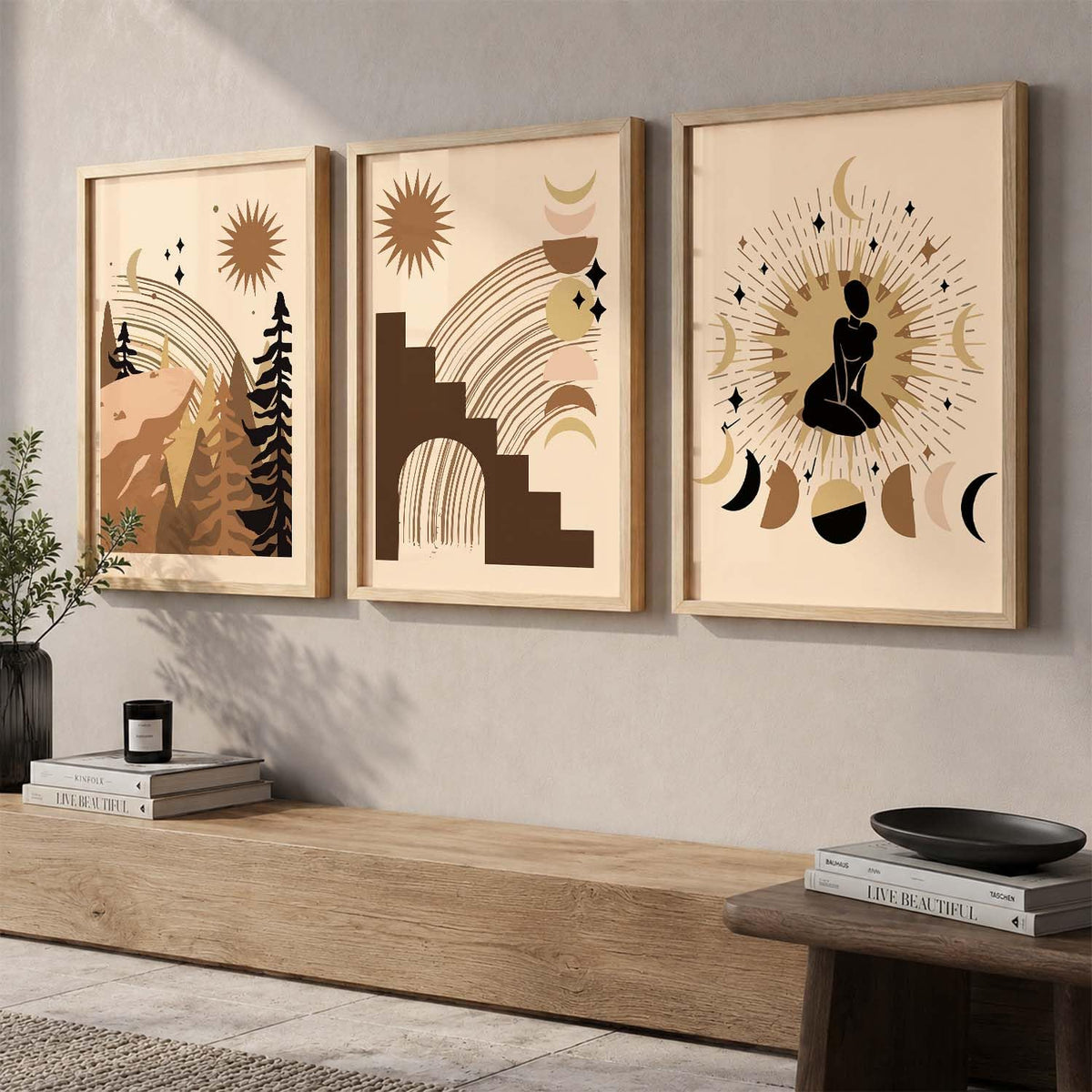 Boho Art Home Decoration Painting Paintings With Frame For Living Room Bed Room Hotel Wall Decor Digital Reprint Set of 3 (13X17 inch)