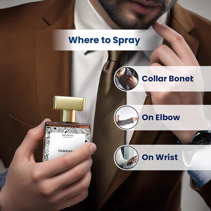 Man holding a perfume bottle with instructions on where to spray it on his collar, elbow, and wrist.