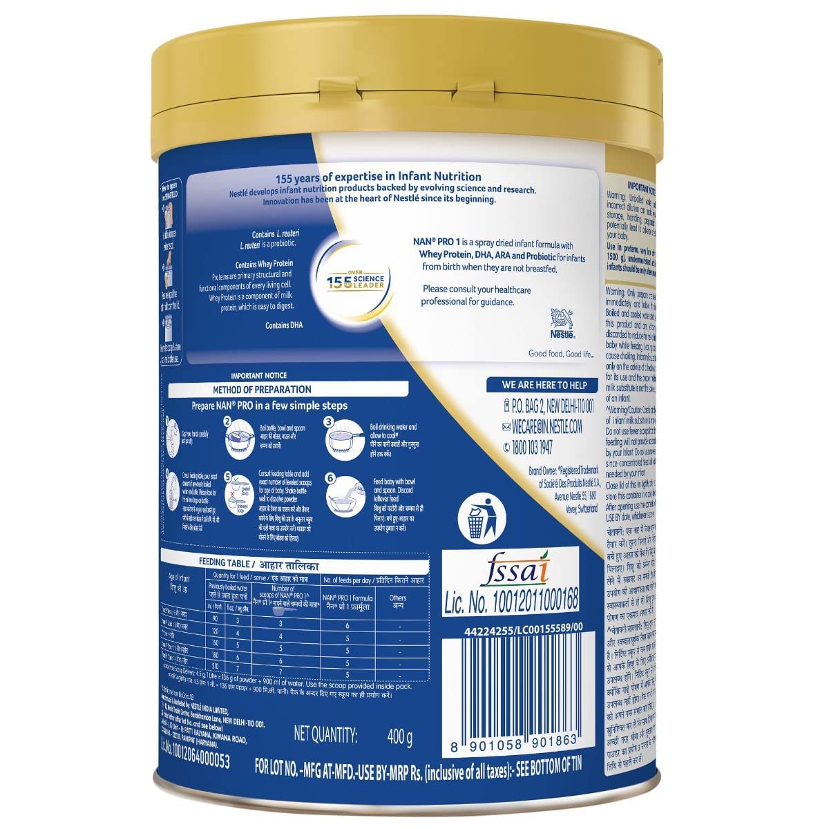 NAN PRO Stage 1 Infant Formula Milk Powder for babies (Up to 6 months) - with Probiotic, 400g Tin with Smartlid