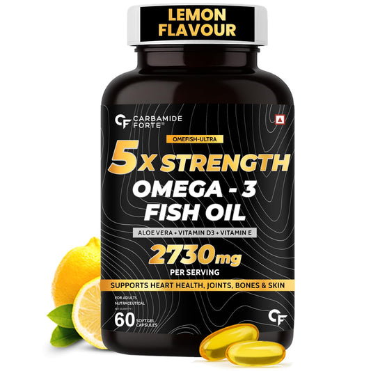 Carbamide Forte 5X Strength Omega 3 Fish Oil Capsules 2730mg | Omega 3 Supplement To Support Supports Overall Health & Skin | Fish Oil Omega3 Capsules With Added Aloevera, Vitamin D3, Vitamin E For Men & Women - 60 Softgels