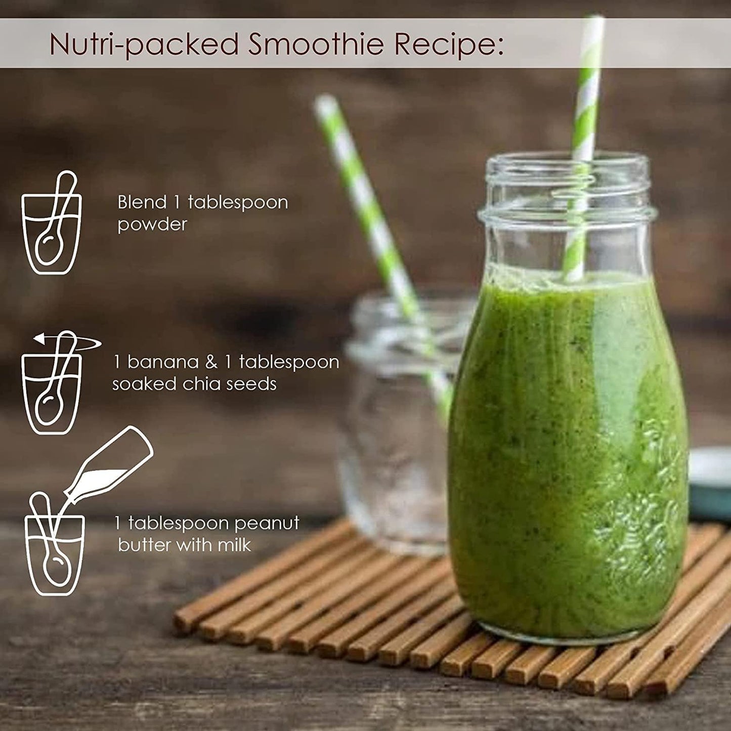 Green smoothie in a glass jar with a straw on a wooden surface, featuring a recipe for a nutri-packed smoothie.