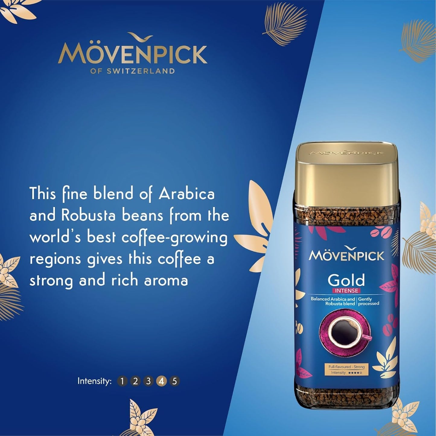 Movenpick Gold Intense Imported Instant Coffee - Classic Instant Powder, With Rich Aroma, Arabica & Robusta Blend, Strong Freeze Dried, Premium Pure Roasted, High Caffeine, Weight 100g