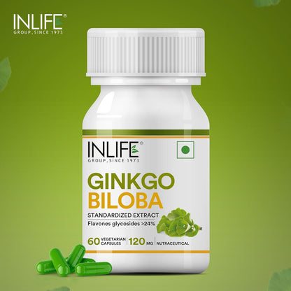 INLIFE Ginkgo Biloba Extract Capsules 120mg | Herbal Supplement | Memory Support - 60 Vegetarian Capsules (Pack of 1, 60)